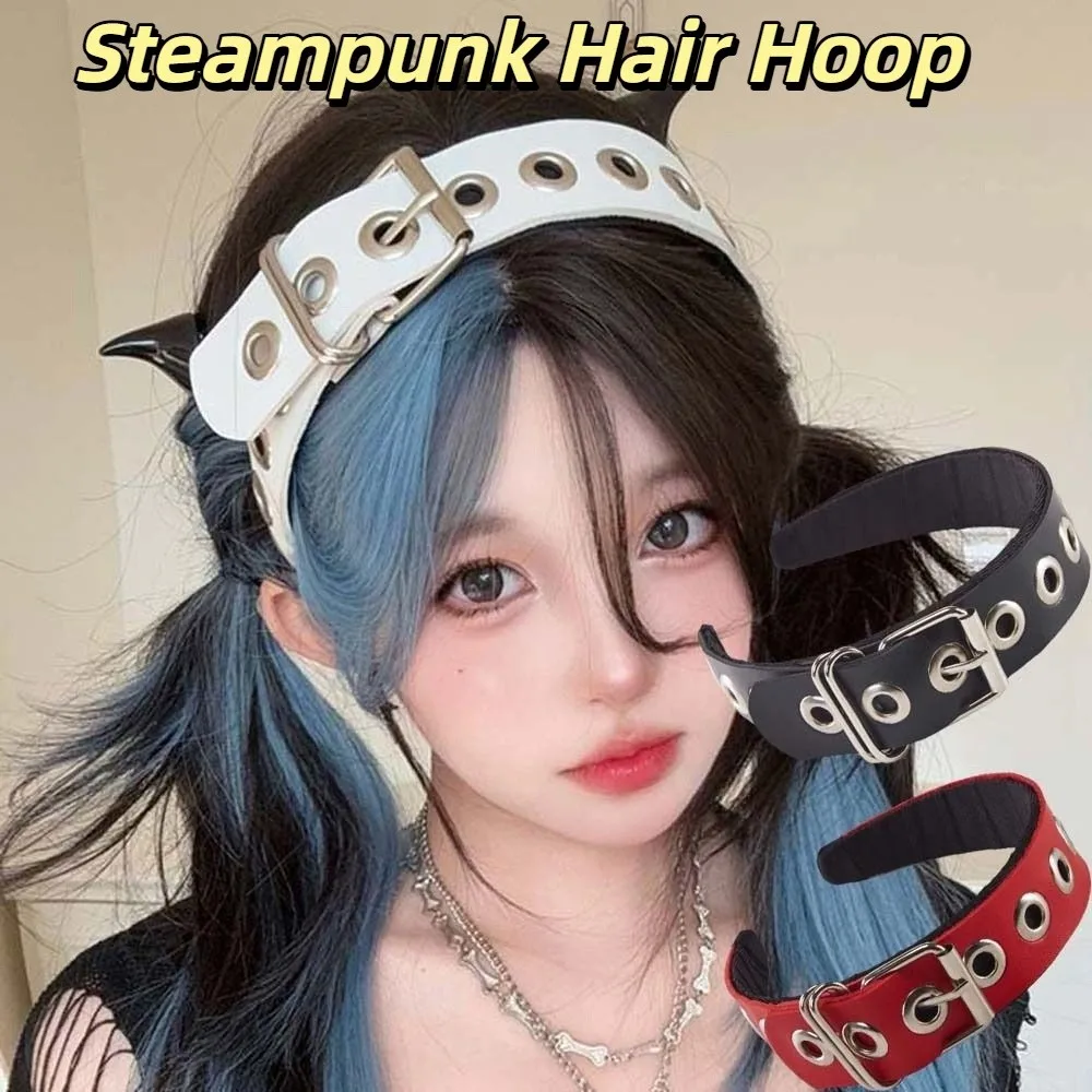 

Metal Hollow Out Steampunk Hair Hoop Y2K Rock-inspired Punk Rivet Headband Headpiece Gothic Leather Buckle Hairband Cosplay