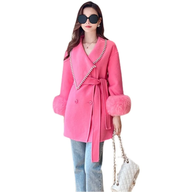 Office Lady Mid-Length Beaded Coat Autumn Winter New Fashion Faux Fox Fur Stitching Long-Sleeved Woolen Coats and Jackets Women