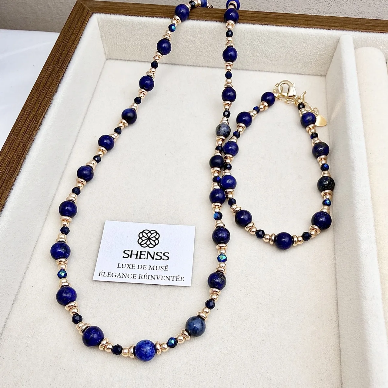 Natural Lapis Lazuli Necklace & Bracelet Set Minimalist Luxury High-End Retro Temperament Versatile Blue Beaded Jewelry