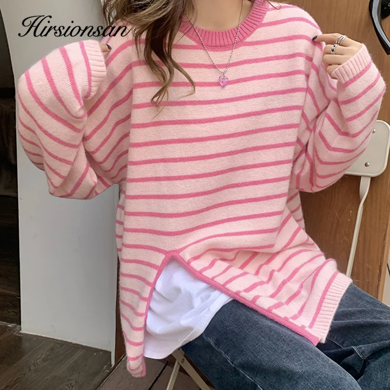 

Hirsionsan Autumn New Stripe O-neck Knit Sweater Women Loose Simple Split Sweater Female Korean Fashion Soft Warm Pllover Tops