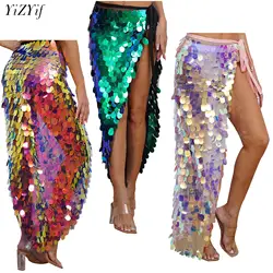 Womens Sequins Dance Skirt Lace-Up Mermaid Hip Scarf Wrap Long Belly Dance Hip Skirt Festival Dance Stage Performance Costumes