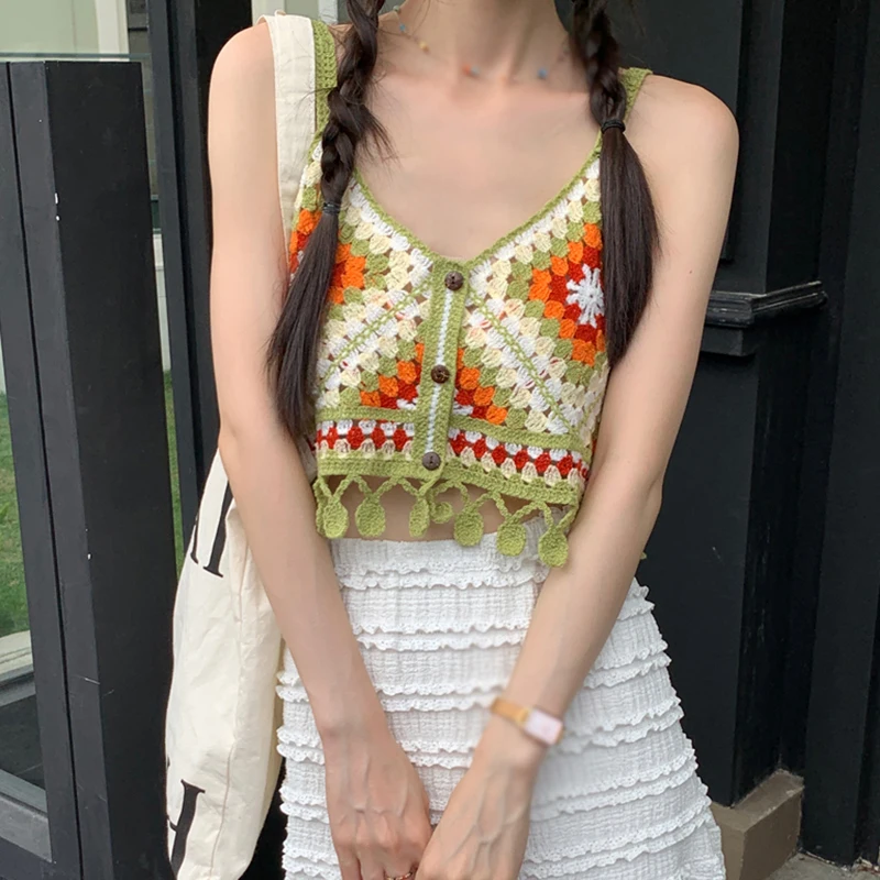 Vintage V-Neck Crochet Contrast Color Tassel Fashion All-Match Ethnic Holiday Style Dopamine Knitted Small Camisole Top