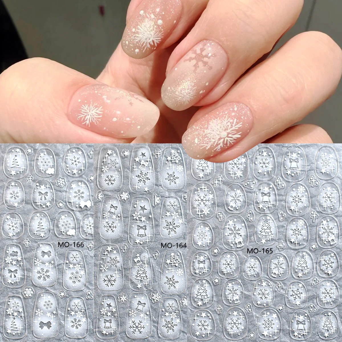 New Winter Self-Adhesive Nail Stickers: Cut-out Snowflake Relief Designs featuring Christmas Stars, Bells, Trees, and Bows.
