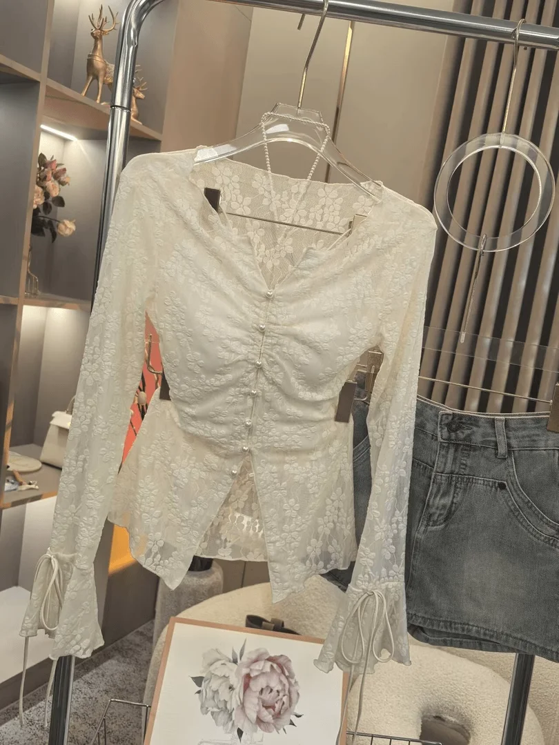 

Женская футболка Sli Lace Sve с плиссированными рукавами-колокол, весна-осень, новая модель, корейская версия INS, длинный рукав, для стройности, сексуальная, для девушек