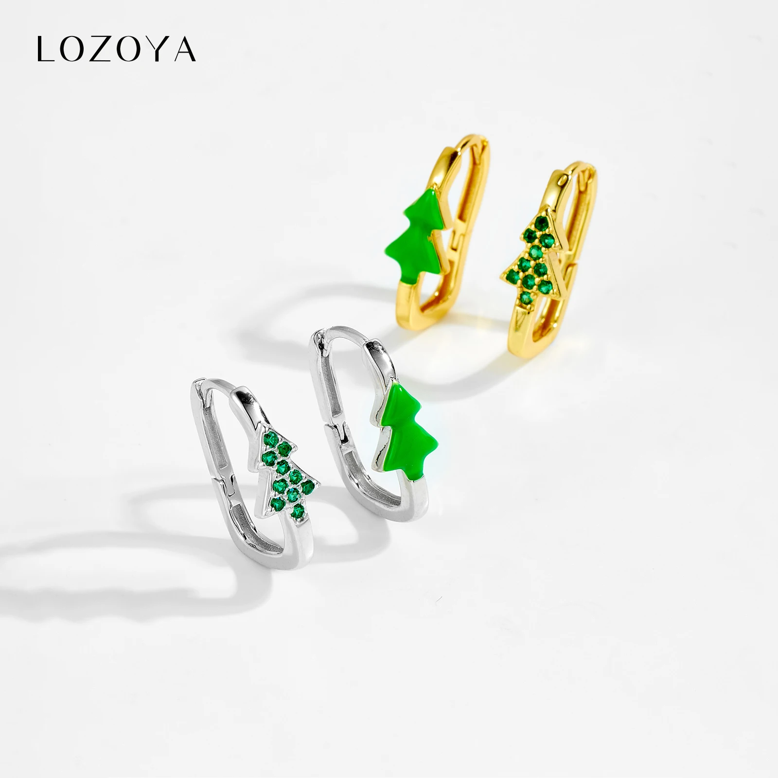 

LOZOYA 925 Sterling Silver Christmas Tree Enamel Green Zircon Hoop Earring Huggies Women Luxury Trendy Casual Fine Jewelry Gift