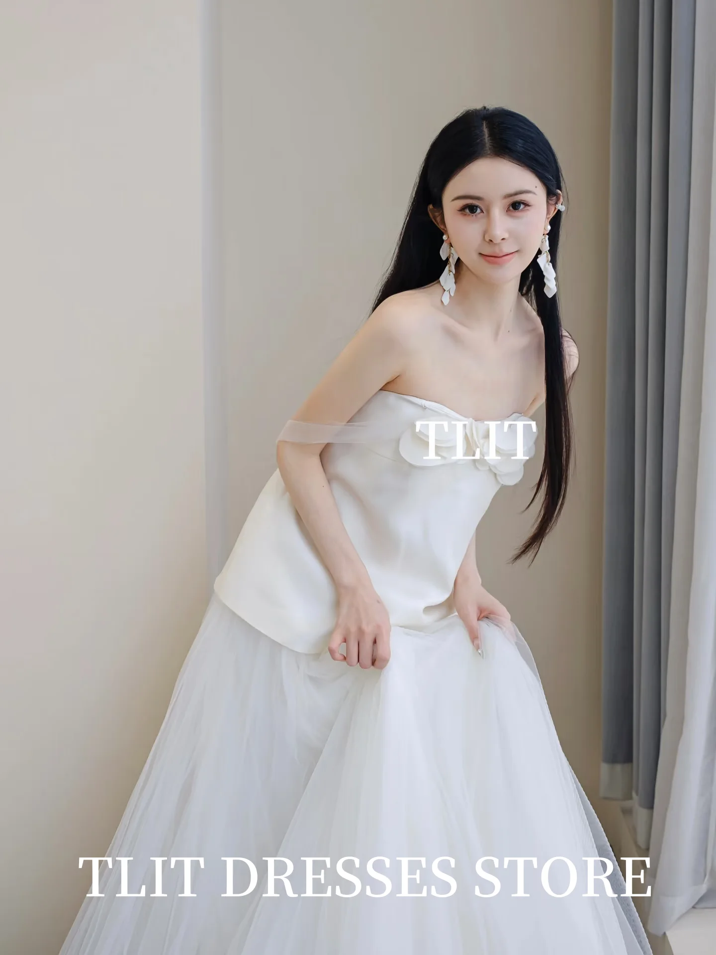 TLIT Элегантное атласное свадебное платье из тюля без бретелек 웨딩드레스 Платья с аппликациями и цветами Корейское свадебное платье Фотосессия по индивидуальному заказу