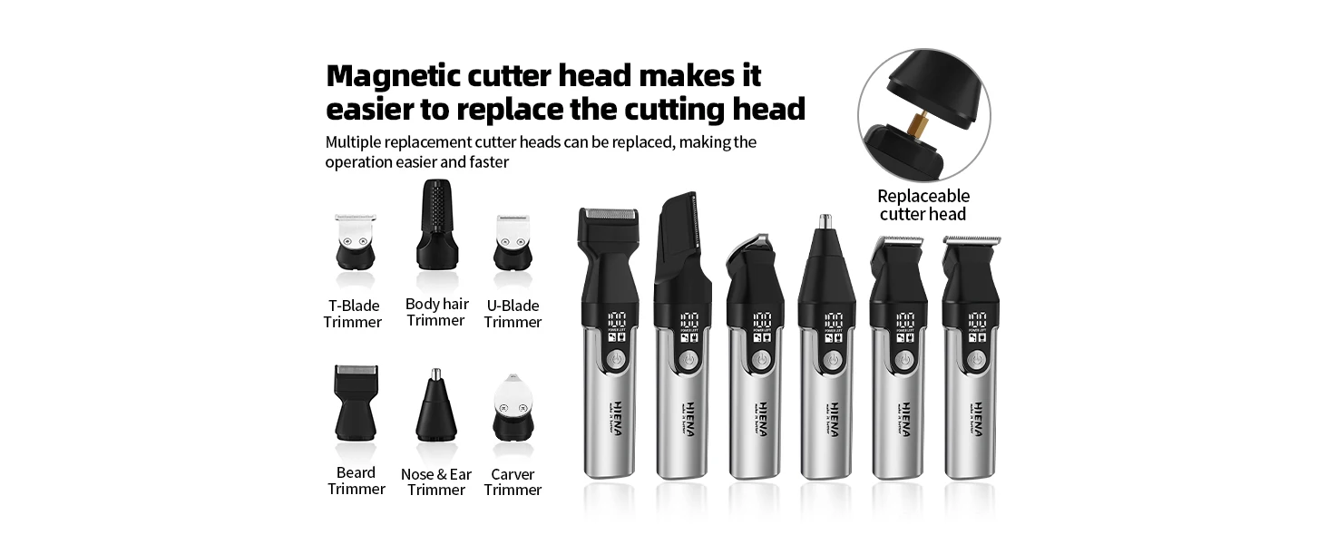 HIENA Professional Multifunctional Hair Clipper Set, R-Type Adjustable Blade, Cordless Barber Clippers with LED Display, Ear and Nose Hair Trimmer, 6 Guide Combs, Rechargeable Electric Grooming Kit for Men, USB Charging, Haircut Clippers