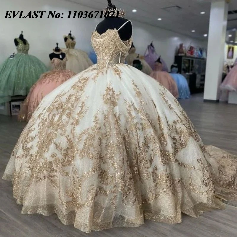 

EVLAST Customized Ivory Quinceanera Dress Ball Gown Gold Lace Applique Beading Corset Sweet 16 Vestidos De XV 15 Anos SQ60