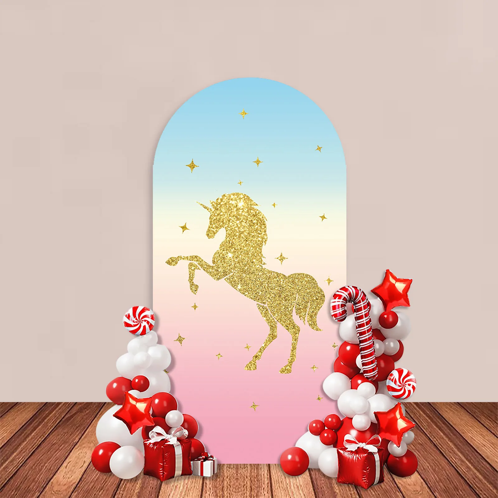 Unicorn Birthday Arch Cover Backdrop Flowers Gold Glitter Horse Baby Shower Party Decor Cake Girl Portrait Blue Pink Background