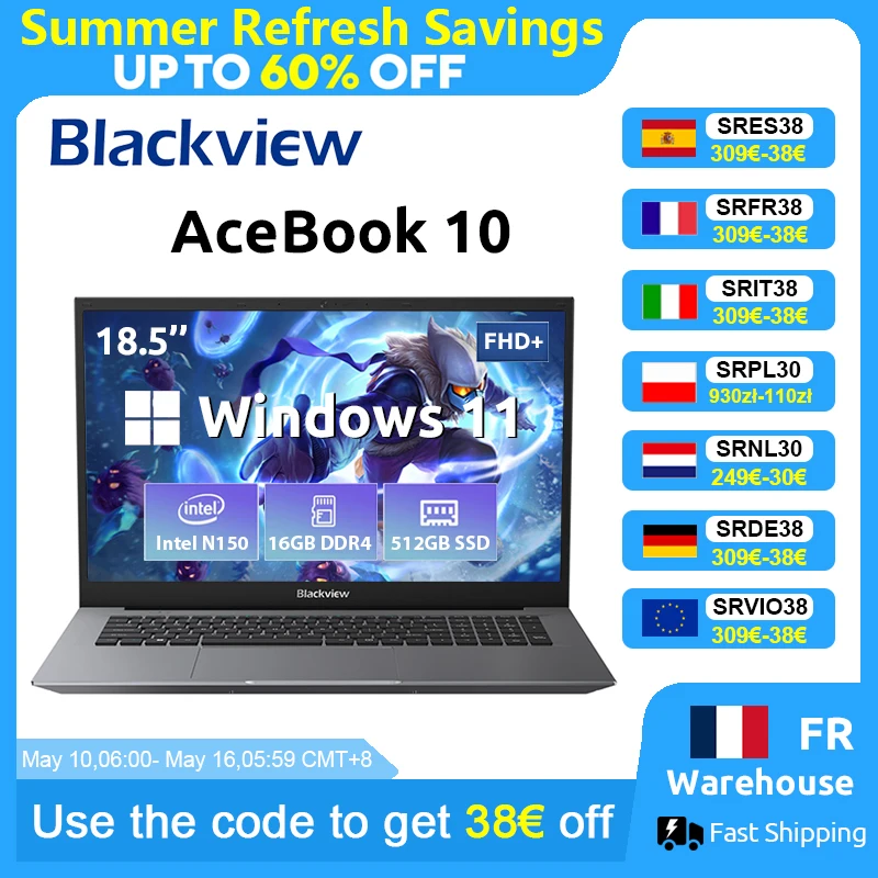 Blackview Acebook 10 Laptop Computer 18,5 inch FHD 8000mAh Intel N150 Windows 11 16GB RAM 512GB BT5.2 WiFi 6 Desktop Notebook - afbeelding 1