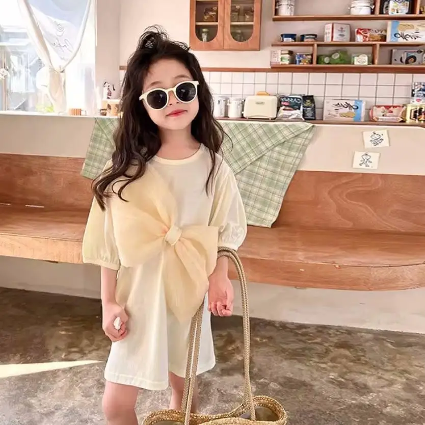 3 Colors Girl Big Bow Dress Summer New Short Sleeve Princess Dress Children Casual Style Vestidos Kids Dress Wz1095