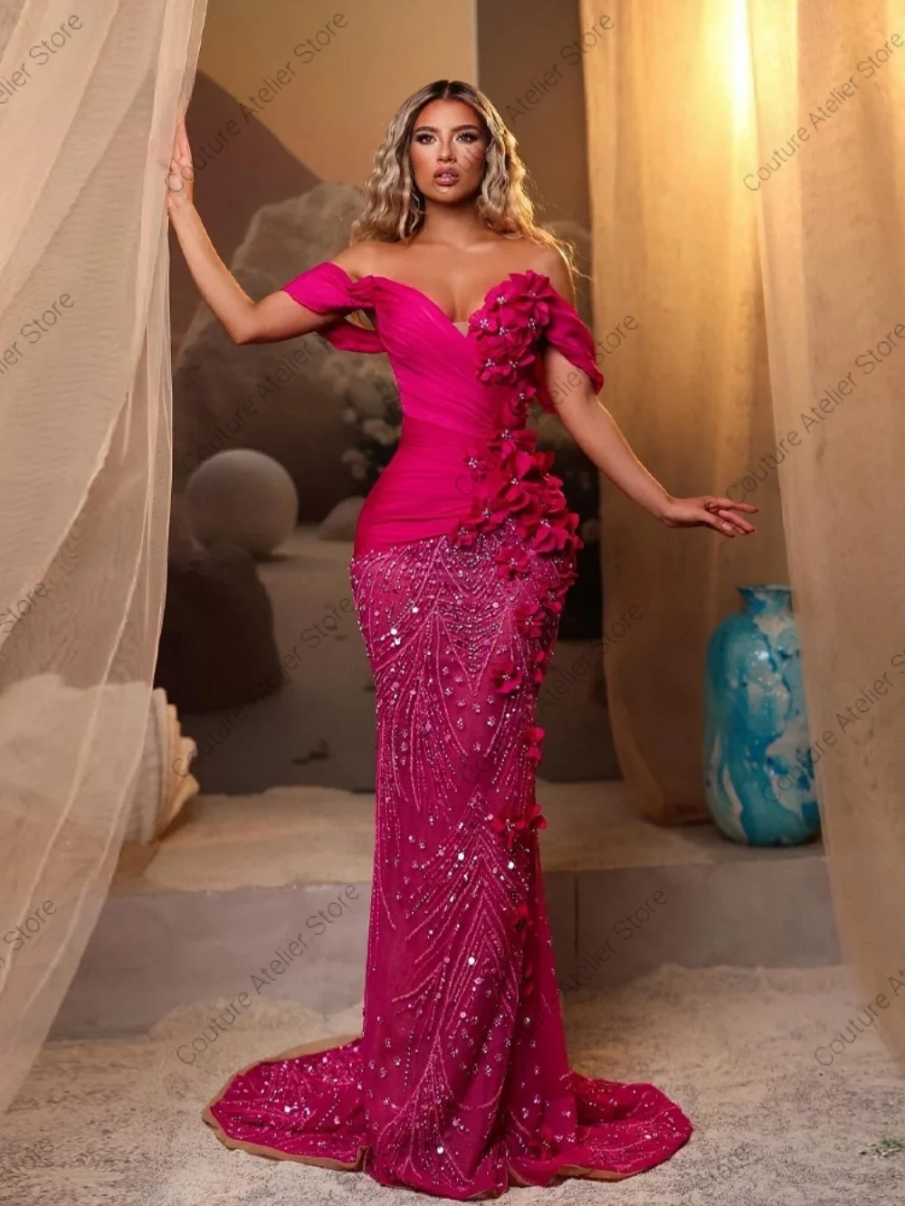 Vestido de noche rosa fucsia con hombros descubiertos, diseño de hojas en 3D, vestido de sirena para evento de boda, vestido de fiesta Formal largo personalizado para mujer