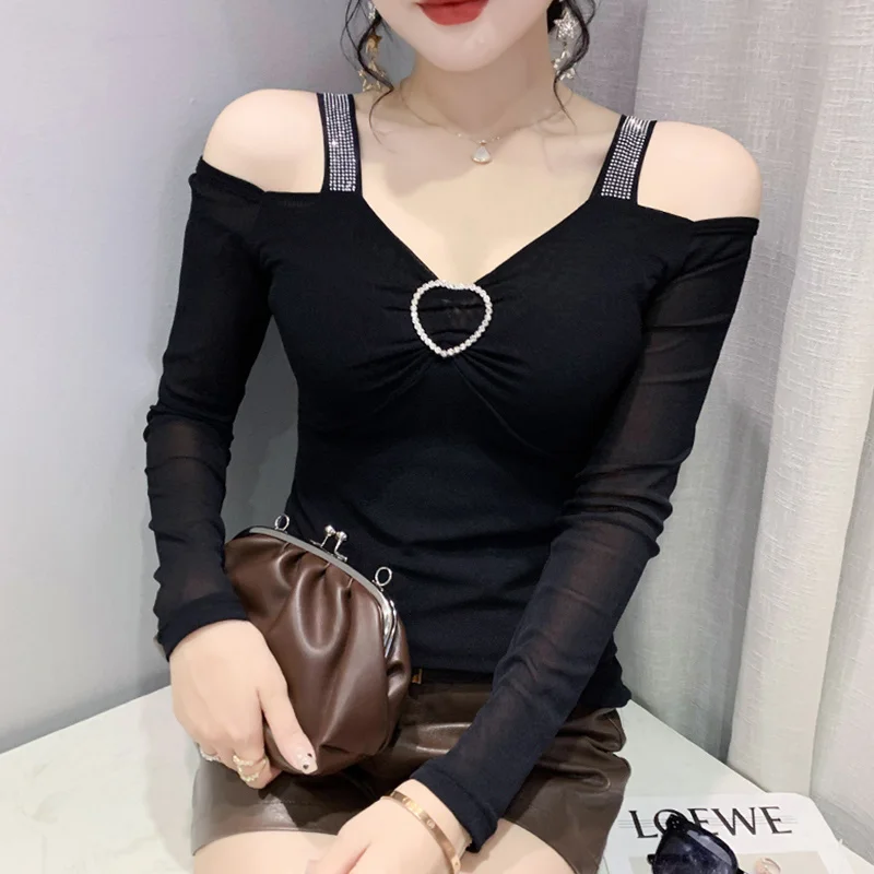 #8027 Spring Summer Diamonds Off Shoulder T Shirt Women Thin Sexy Mesh Tee Korean Style Short Tshirt Long Sleeve Tight Tee Femme