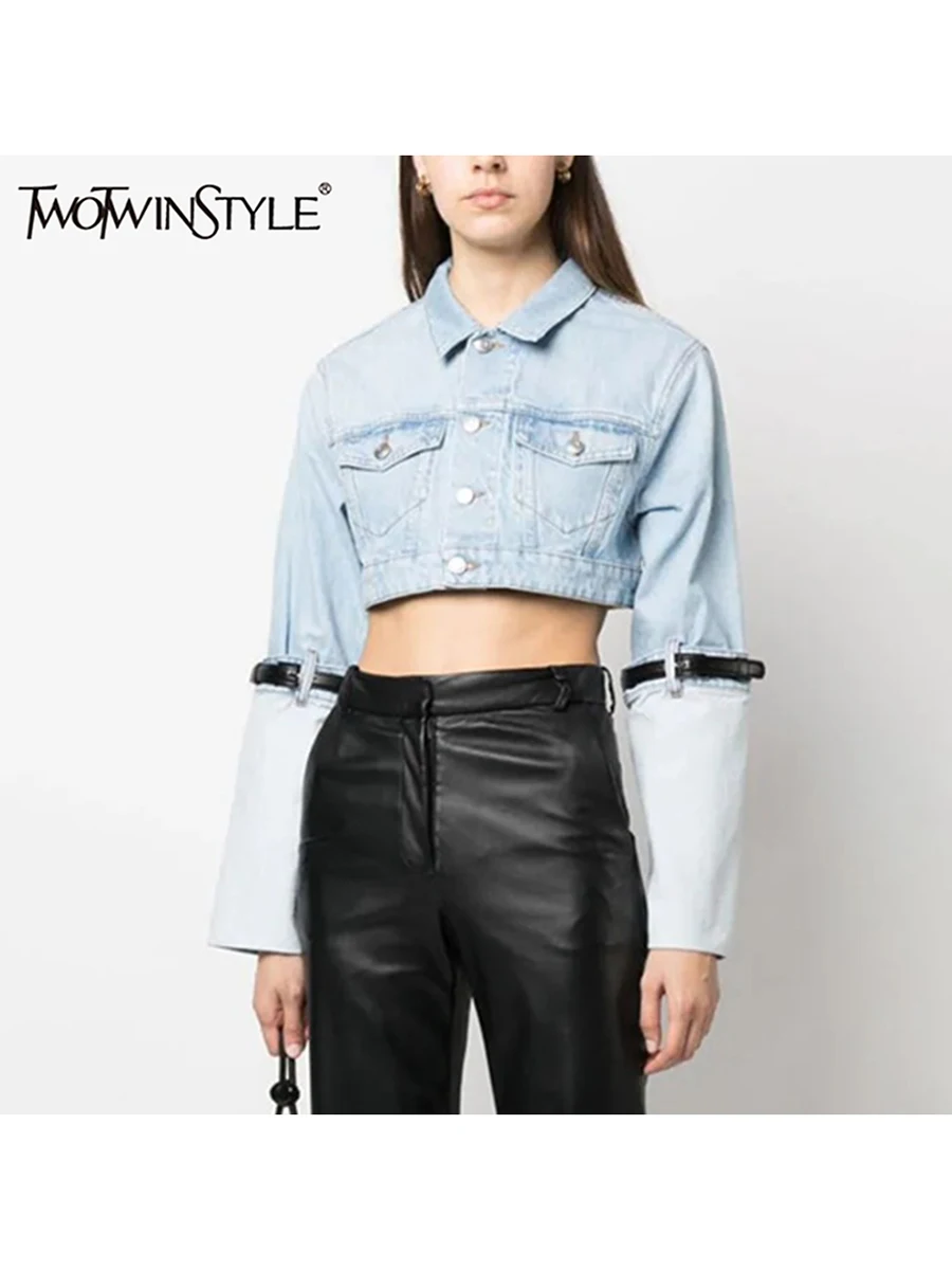 

TWOTWINSTYLE Spliced Belt Casual Denim Jackets For Women Lapel Long Sleeve Patchwork Single Breasted Jacket Female Fashion New