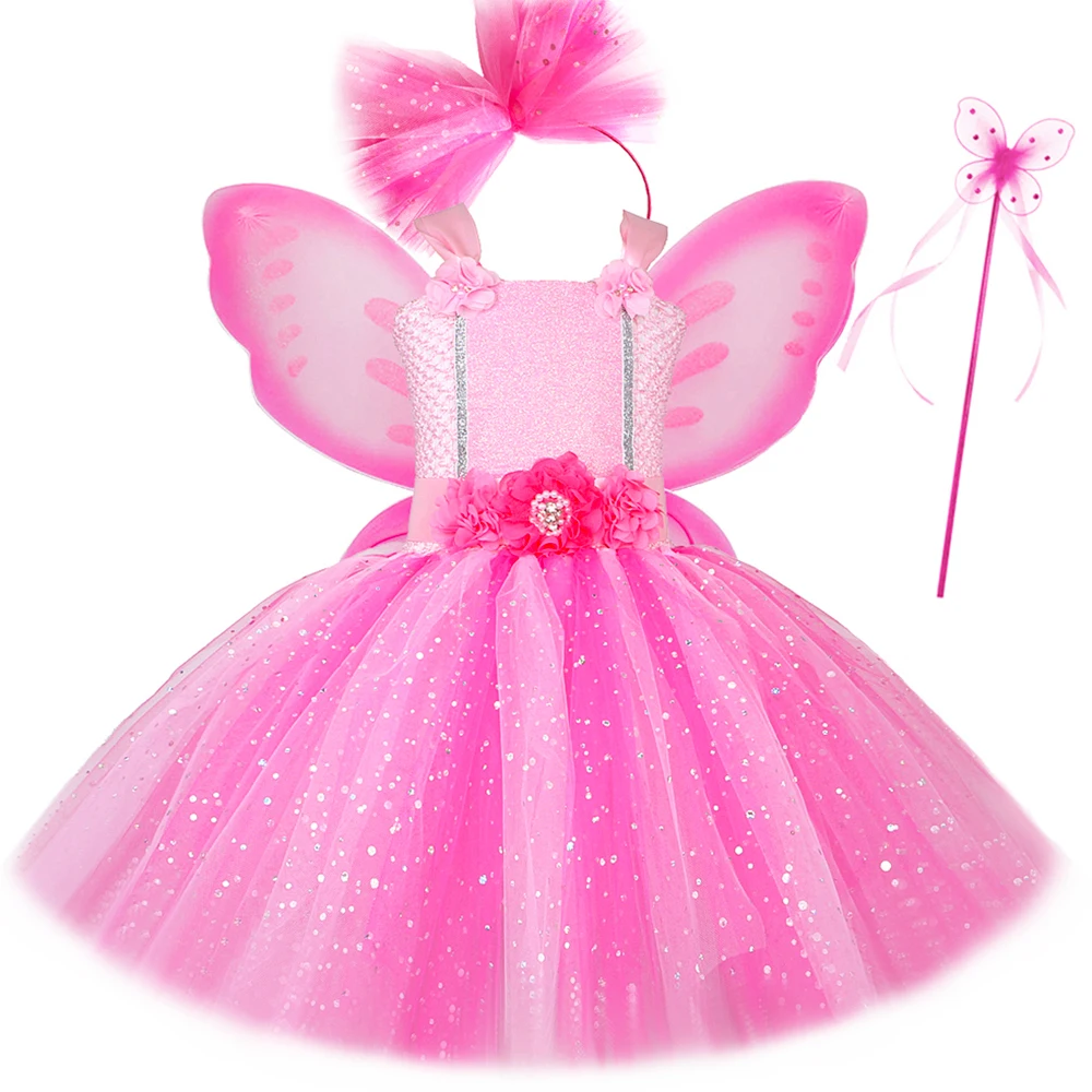

Girls Pink Glitter Tulle Dress with Wings Butterfly Fairy Costume for Girls Halloween Birthday Party Tutu Princess Dress