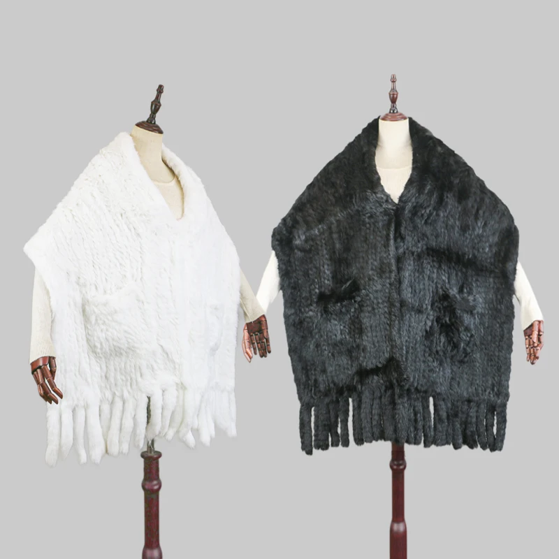 

Hot Sale Women Real Rabbit Fur Poncho Shawl Coat Knitted 100% Natural Rabbit Fur Sweater Cape Good Quality Scarf