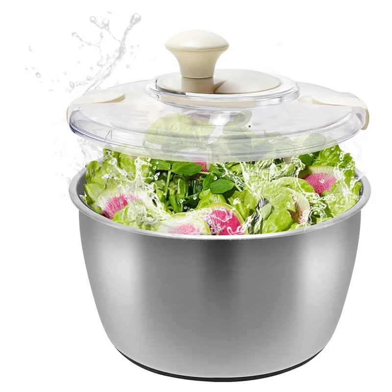

SOFT-Stainless Steel Salad Lettuce Spinner With Lid,Basin Drain Frame Quick Manual Compact Non-Slip Base