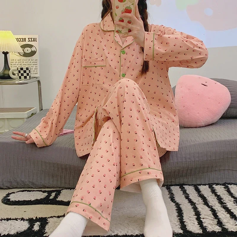 Korean Women Faux Cotton Pajamas Sets Spring Autumn Pink Heart Pijamas Female Pyjamas Kawaii Home Suit Long Sleeves Sleepwear