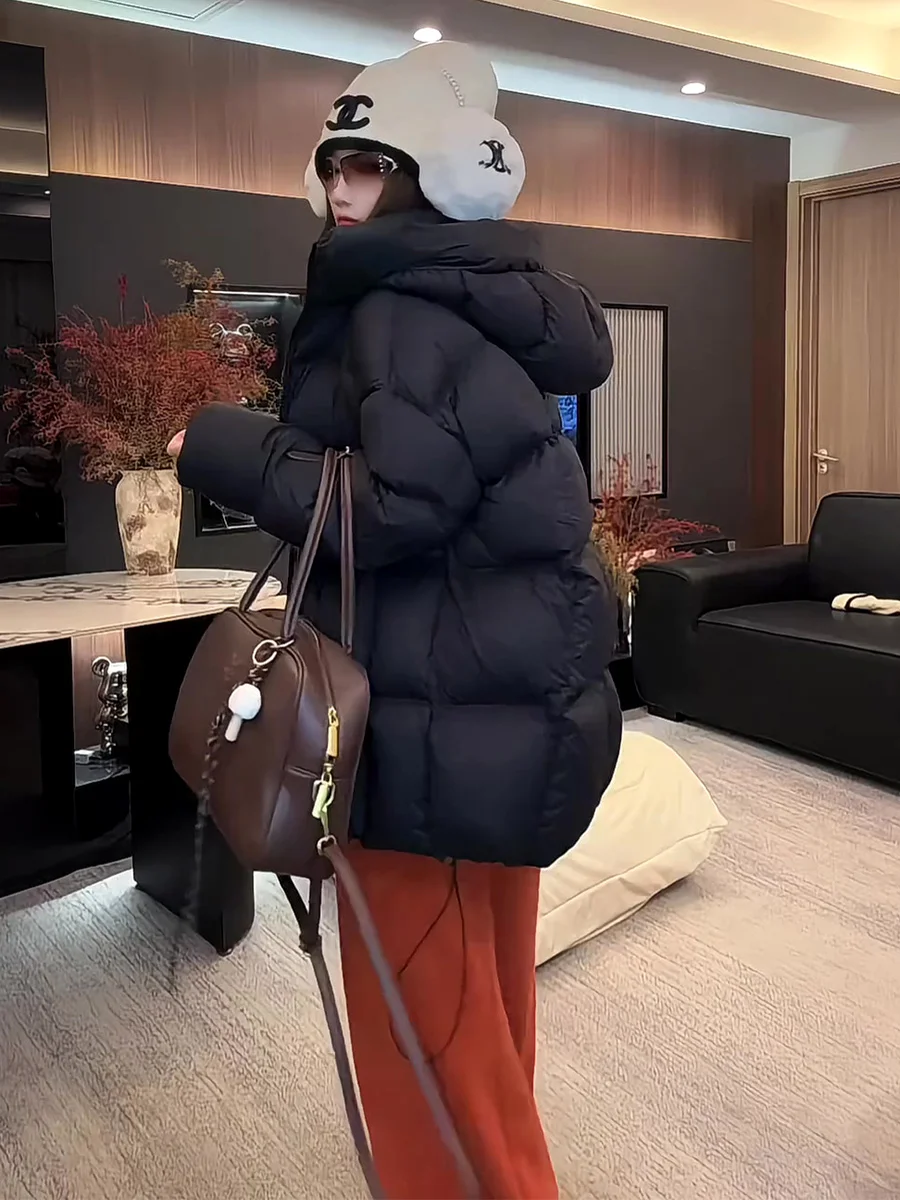 

Корейский пуховик-пуховка для женщин, удлиненный, теплый, с капюшоном, средней длины, свободного кроя, черный, зимняя верхняя одежда