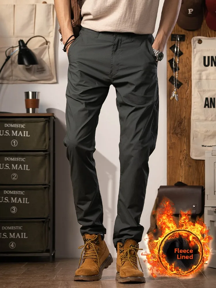 

Мужские повседневные брюки прямого кроя из чистого хлопка с флисовой подкладкой в американском ретро-стиле для зимнего сезона