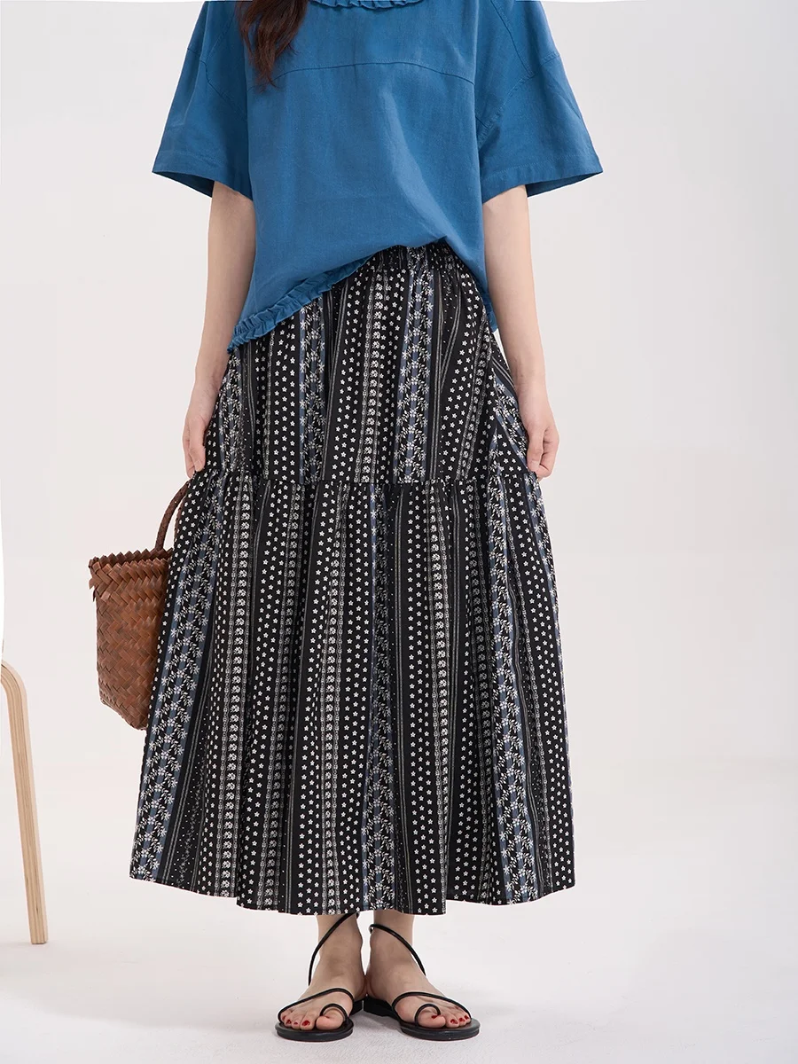 

Floral Print Midi Skirt Women's Summer Versatile Patchwork f-length Cotton Gingham Cheered Plaid A-line Skirt Ci Commute