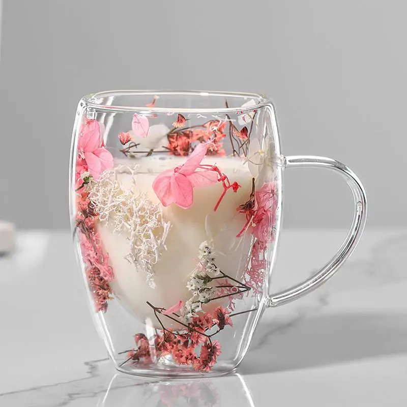 1pcs Double Wall Glass Cup With Handle Heat Resistant Tea Coffee Cups Espresso Milk Mug Gift with Dry Flowers