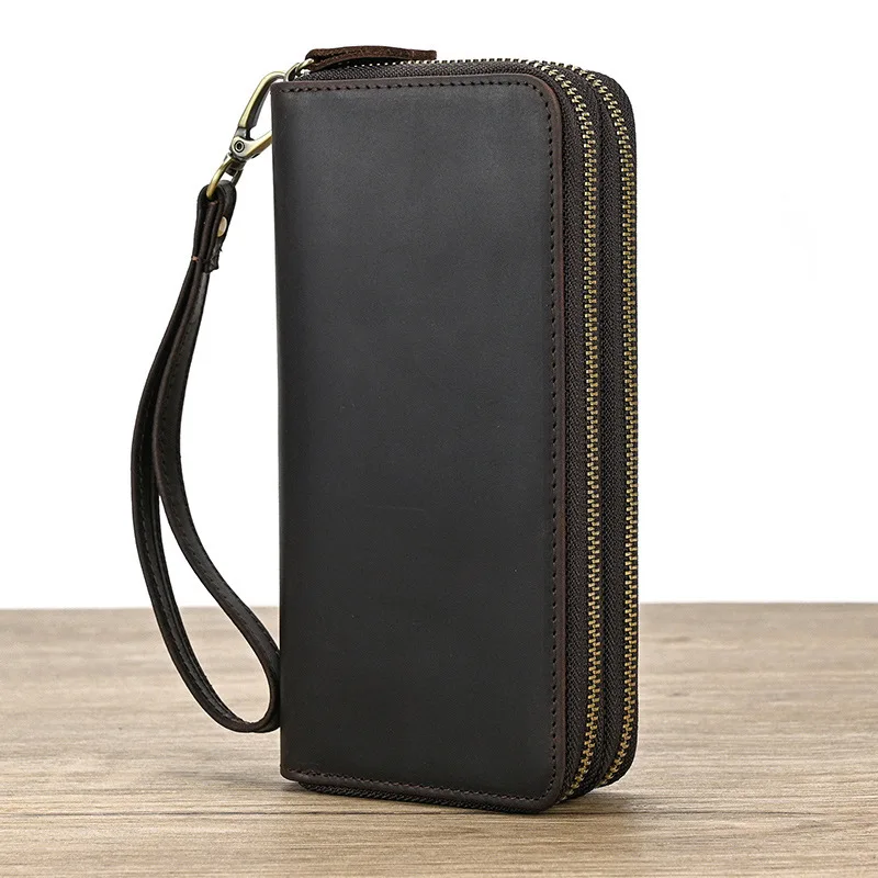 Luxury Double Zipper Women Men Long Wallet Vintage Leather Male Clutch Purse Man Phone Card Coin 100% Genuine Leather Men Wallet