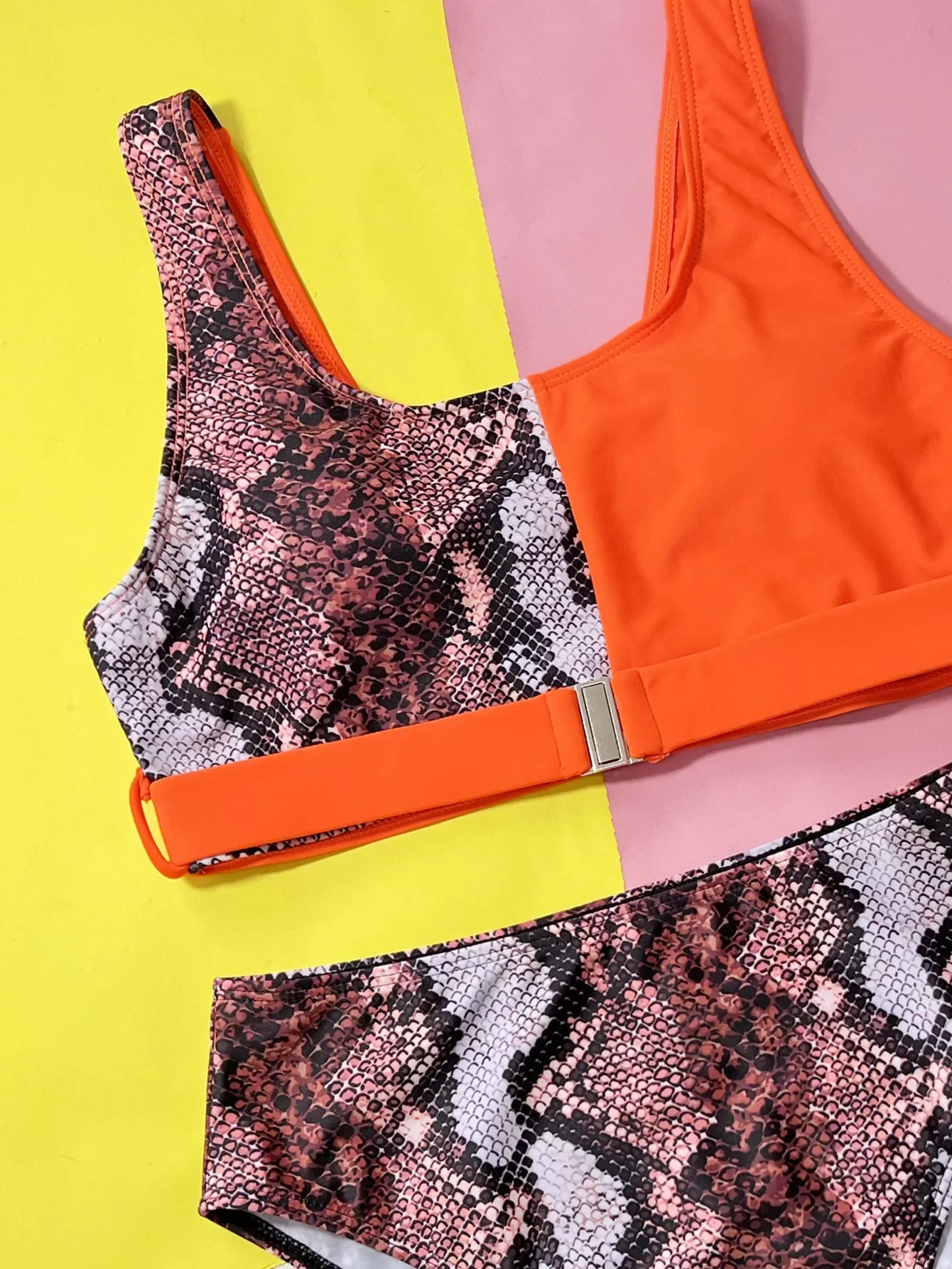 2025 Bikini Tankini con estampado de leopardo naranja, traje de baño de 2 piezas de cintura alta para mujer, traje de baño de retazos para vacaciones en la playa, nuevo