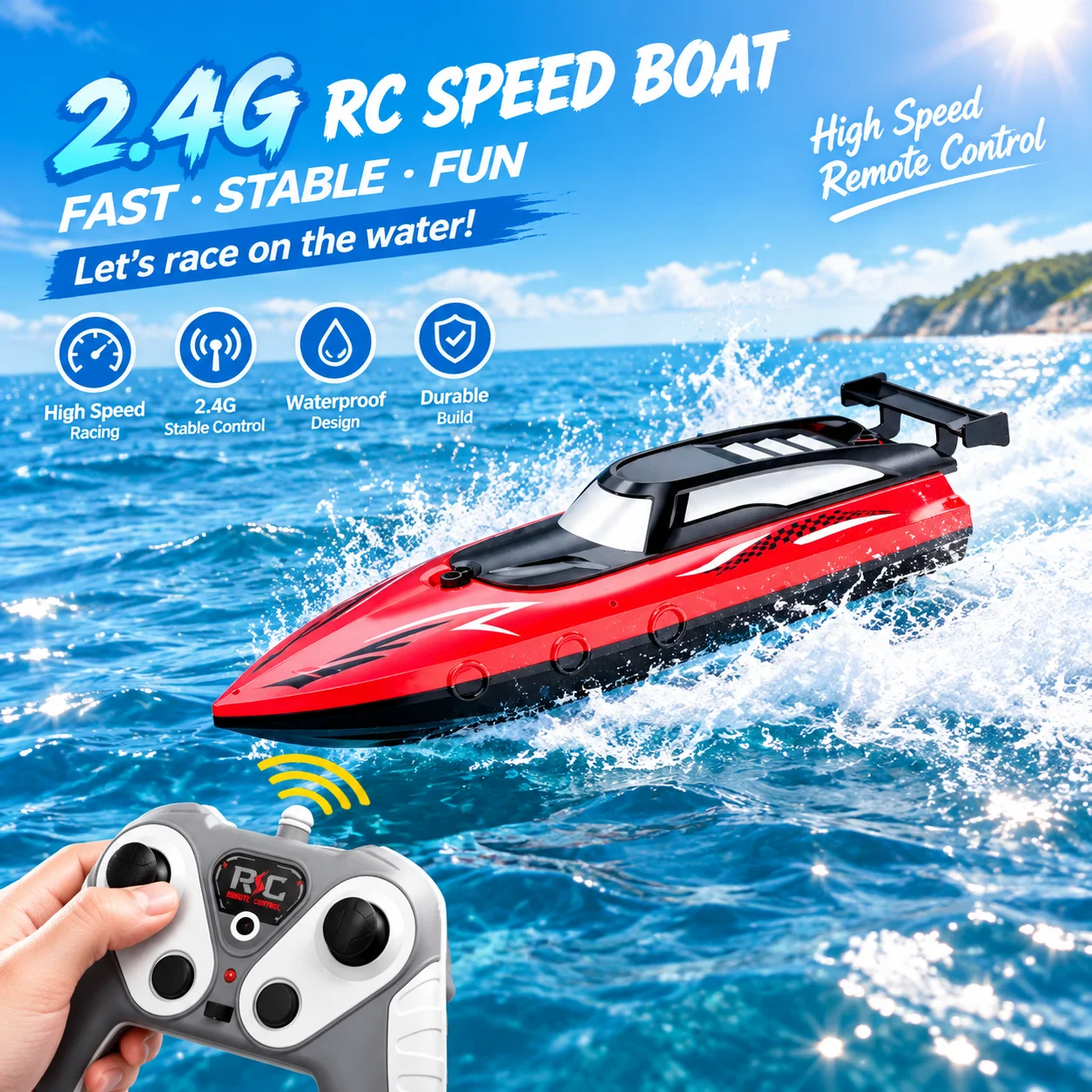 2.4GHz RC Boat for Kids, Large High Speed Racing Boat with Powerful Motor & Waterproof Design, Gift for Boys