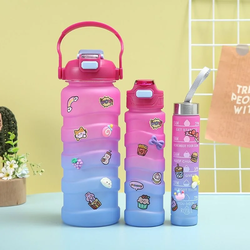 Large Capacity Sports Water Bottle Gradient 3PCS Creative Threaded Straw Cup Outdoor Convenient Portable Big Belly Water Cup