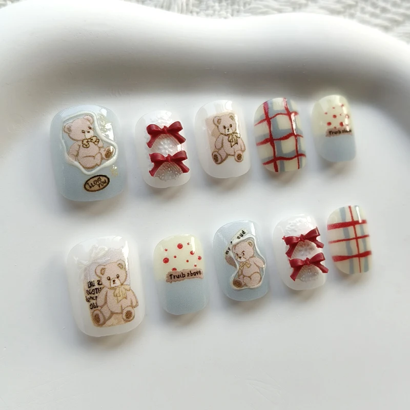 10Pcs Korean Style Cute Bear and 3D Bowknot Half Handmade Press on Nails INS Trend Lovely Blue Plaid Nail Patch Fake Nails view 3