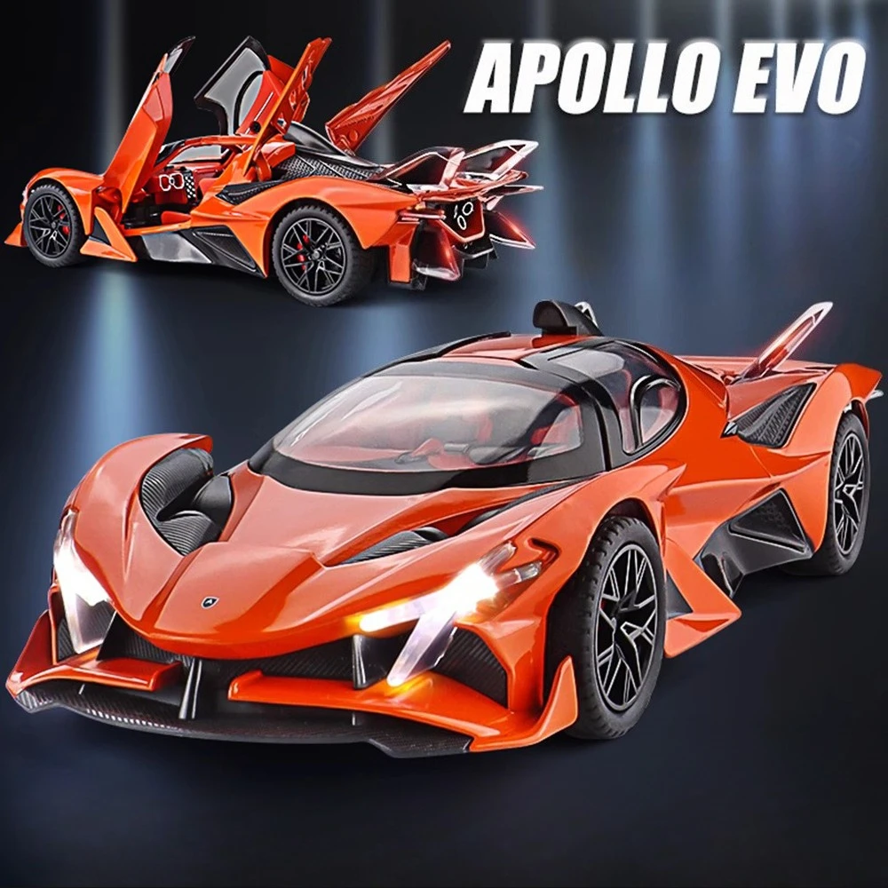 

1:24 Apollo EVO IE Alloy Sports Car Diecast Model Doors Opened Rubber Tire Sound Light Pull Back Simulation Models Children Gift