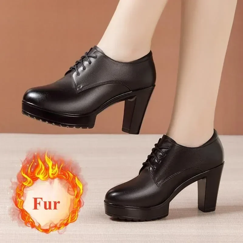 

9cm Small Size 32-43 Quality Deep Mouth Genuine Leather Shoes with Fur Fall Spring 2025 Block High Heels Shoes for Office Mom