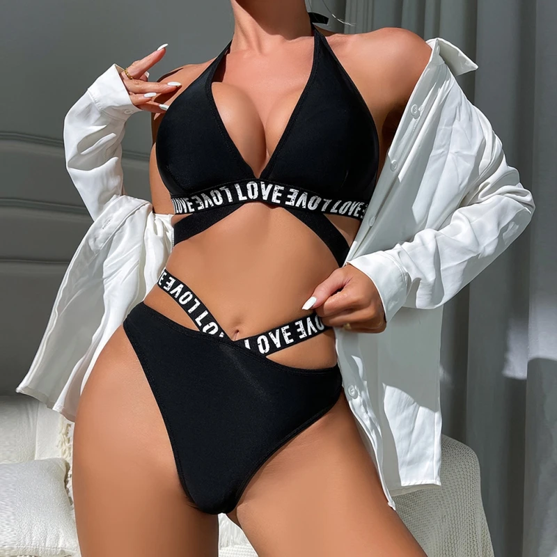 Nowy seksowny wydrążony pasek bez pleców z literami trzypunktowy zabawny komplet bielizny Slim Fit miękki komplet bielizny bikini