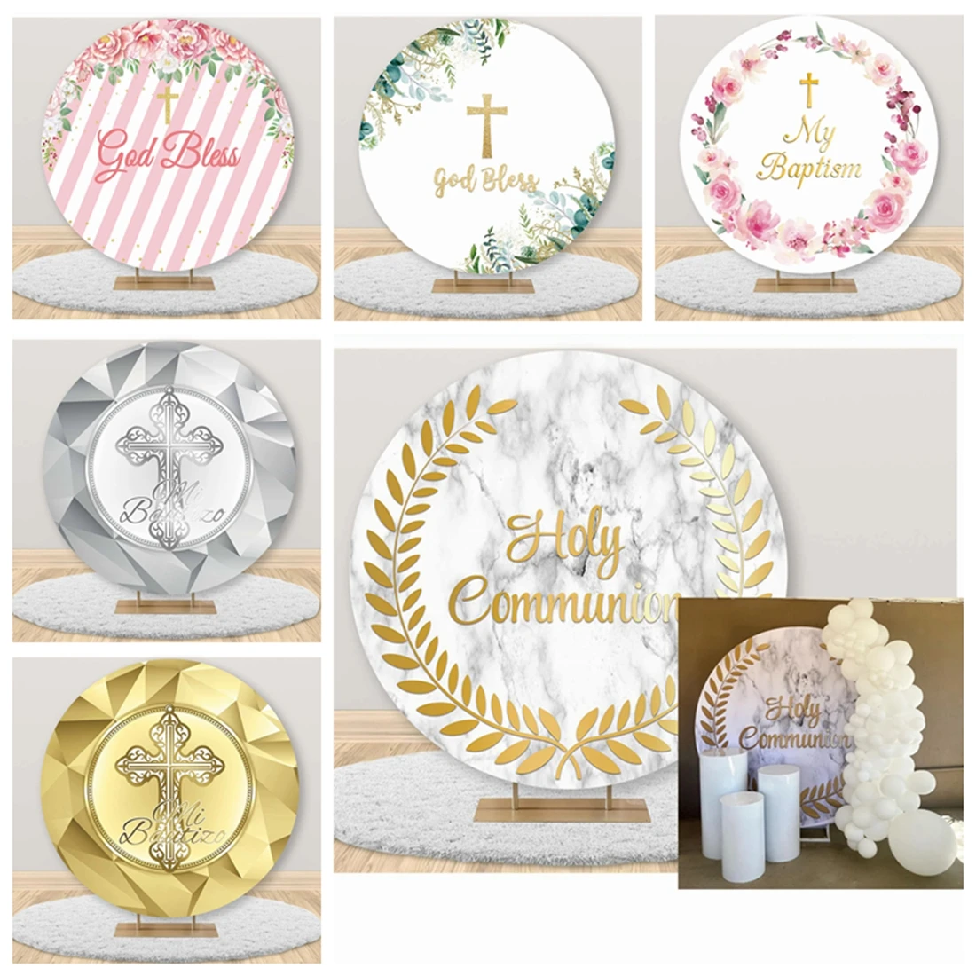 

Communion Round Background Cover Pink Flower Cross Decoration Marble Gold Leaf Theme Baby Baptism Customize Photography Backdrop