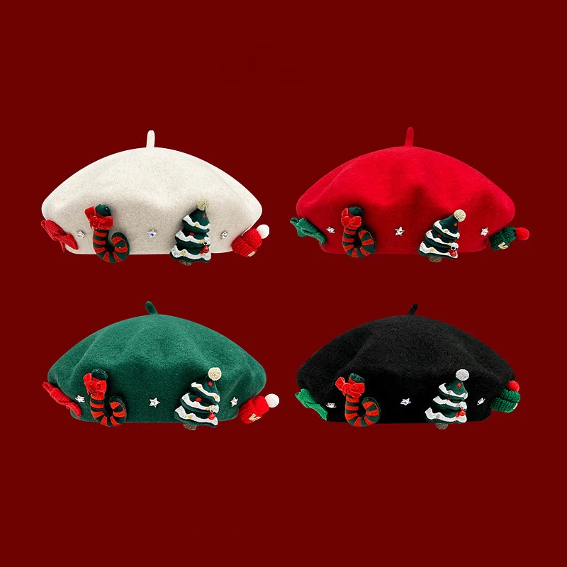 2025 New Christmas Theme Wool Berets for Women Vintage Red Green Christmas Tree Bow Patch Decoration Autumn Cap Party Dress Up