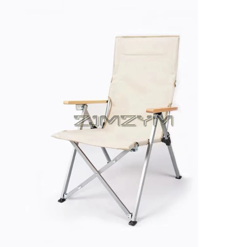 Folding Camping Chair 4 Positon Adjustable Recliner with High Back Support, Beech Wood Arm Rest, Portable, Black/ Light Khaki