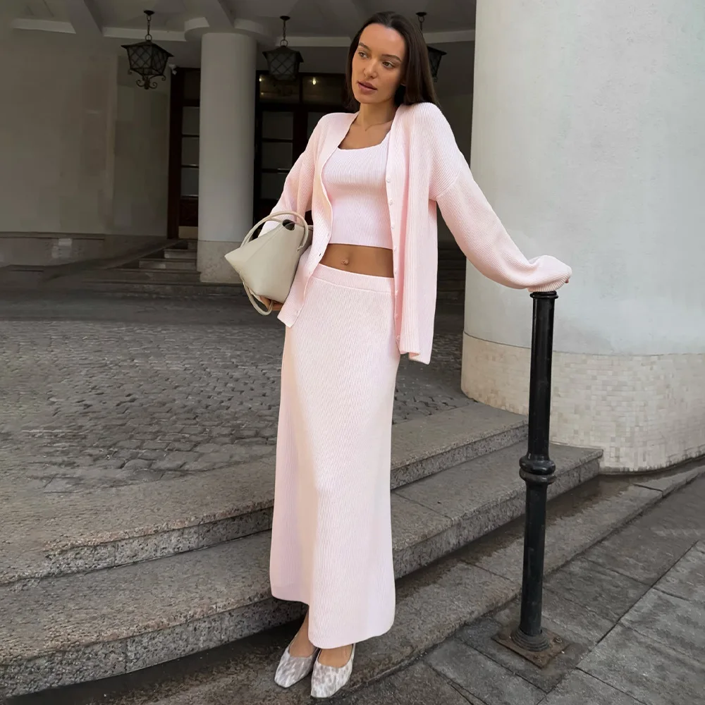 Soft Knit Set Spring Summer New Loose Cardigan Camisole High Waist Long Skirt Three Piece Set