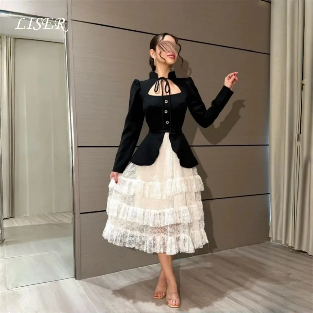 Liser Elegante Spitzen-Abendkleider mit Langen Ärmeln und Hohem Kragen A-Linie Damen 2026 Plissiertes Mehrlagiges Ballkleid Partykleider Maßanfertigung