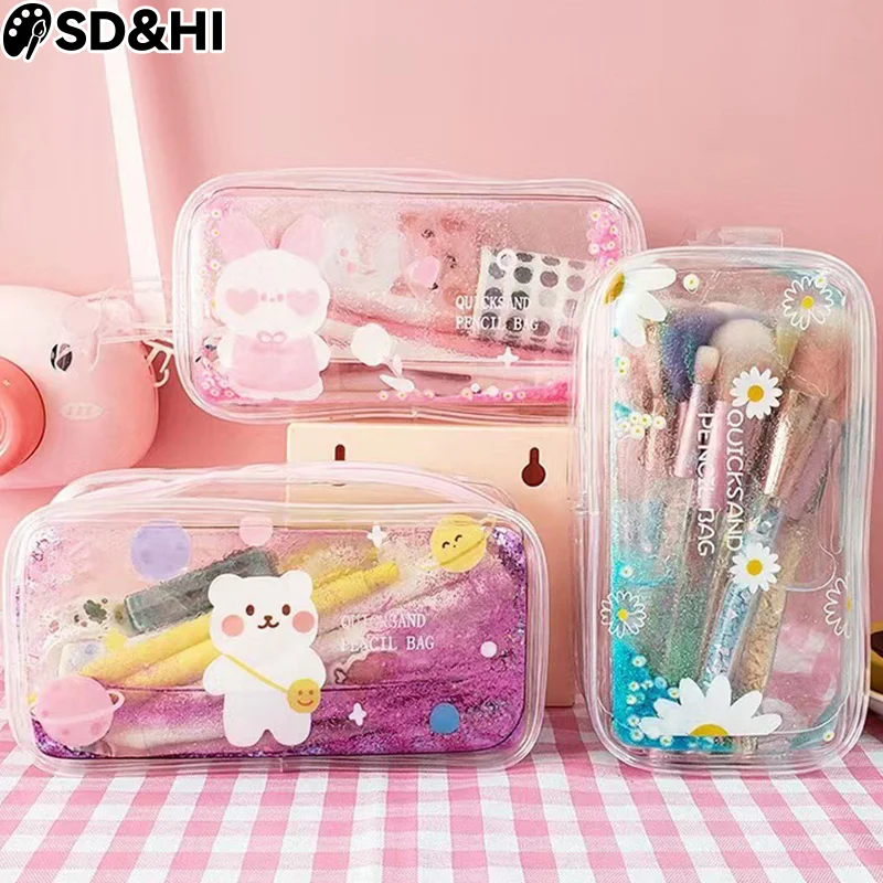 Cute Transparent Quicksand Pencil Bag Cartoon Bear Rabbit Stationery Bag Large Capacity Cosmetic Bag School Office Supplies