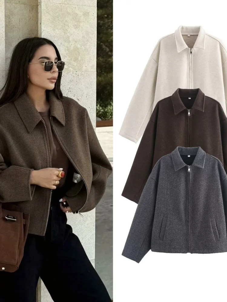 

Fall Faion Tee-Color Pure Color Wide-Sle Zipper Woolen Coat Cross-Border Women's Clothing Sweet Sle Long Sve Coat