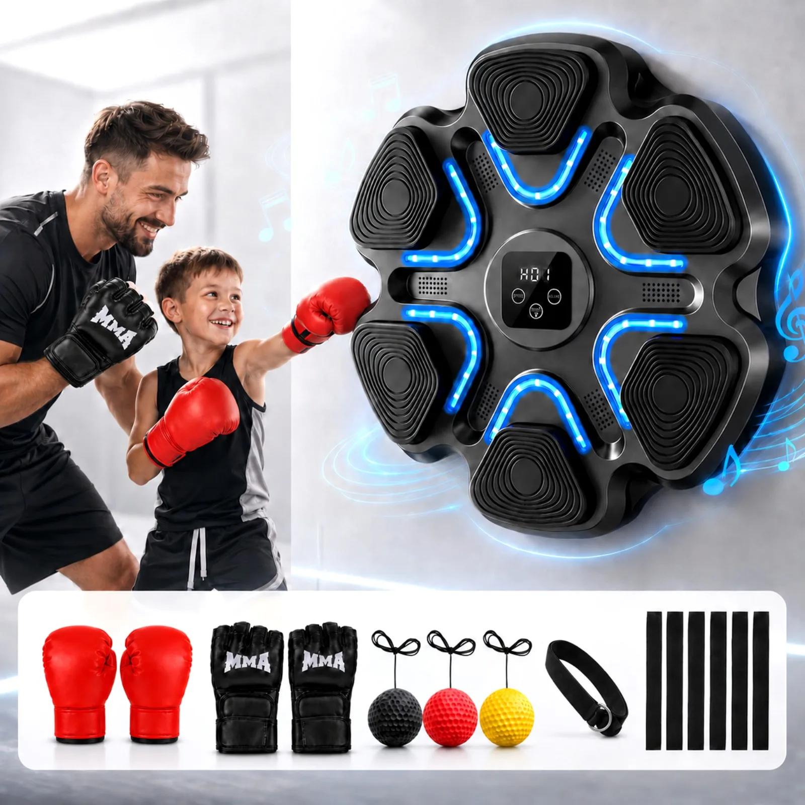 Máquina de Boxeo Musical para Niños y Adultos con 2 Guantes, Almohadilla de Golpeo Inteligente, Montaje en Pared, Bluetooth, Objetivo de Boxeo Interactivo, 9 Velocidades, 9 Niveles, Luz LED, Entrenamiento para la Familia, Ejercicio en Casa, Regalos para Niños, Coordinación Mano-Ojo, Fitness, Entretenimiento Padres-Hijos