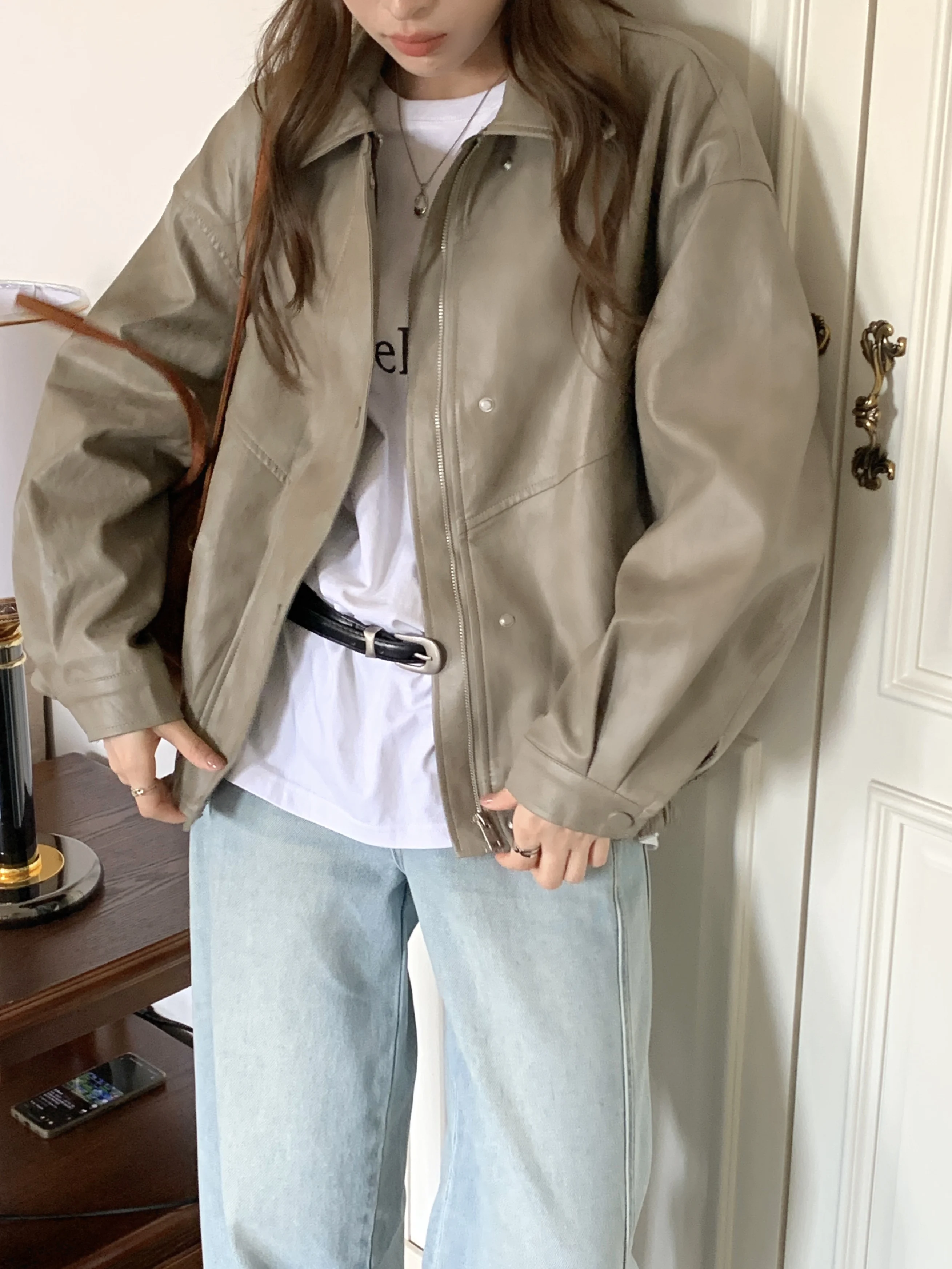 

2Colors Retro Chic PU Leather Biker Jacket Outerwear Zipper Long Sleeve Loose Fit Women's Commute Autumn Spring 2026 (hf3076