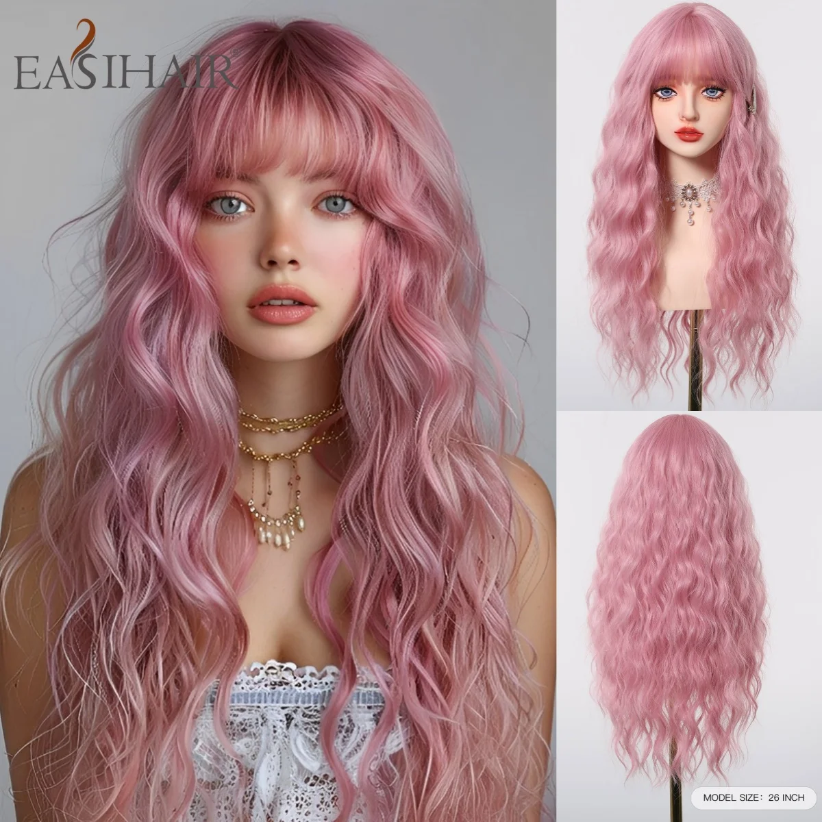 Pink Long Wavy Synthetic Wig with Full Bangs Heat Resistant Fiber Natural Looking Wig for Women Daily Party Cosplay Halloween