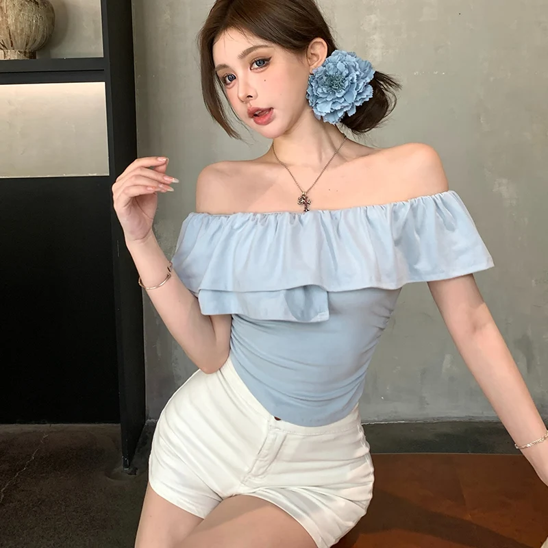 Women Sweet One Shoulder Cinderella Tops Lady Sexy Ruffle Bodycon Clothes Female Korean Designer Party Short sleeved T-Shirts