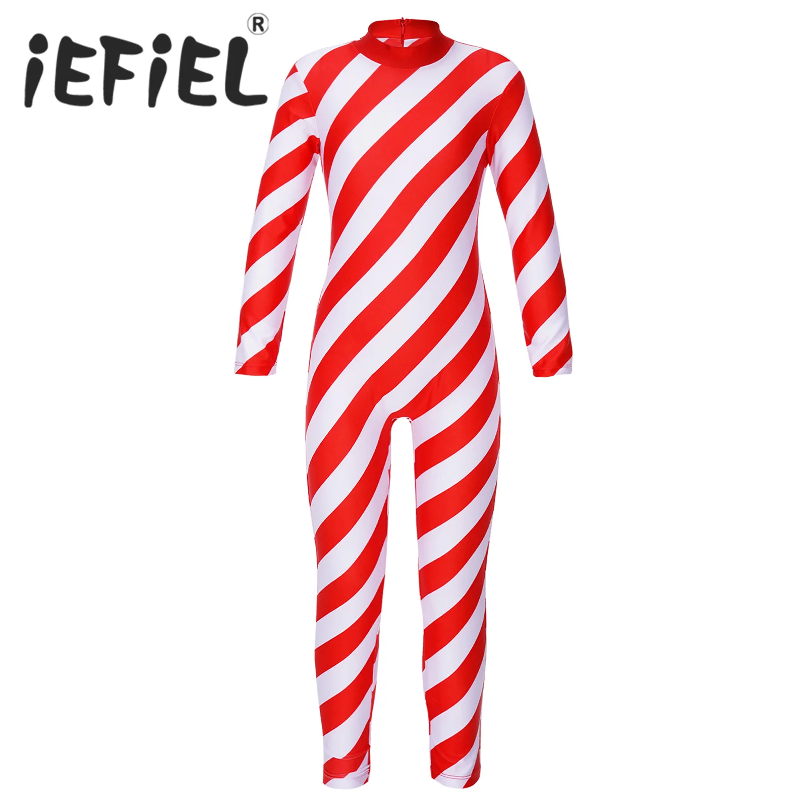 

Kids Girls Christmas Costume Long Sleeve Striped Jumpsuit Unitard Turtleneck Stretch Leotard for New Year Santa Festival Party