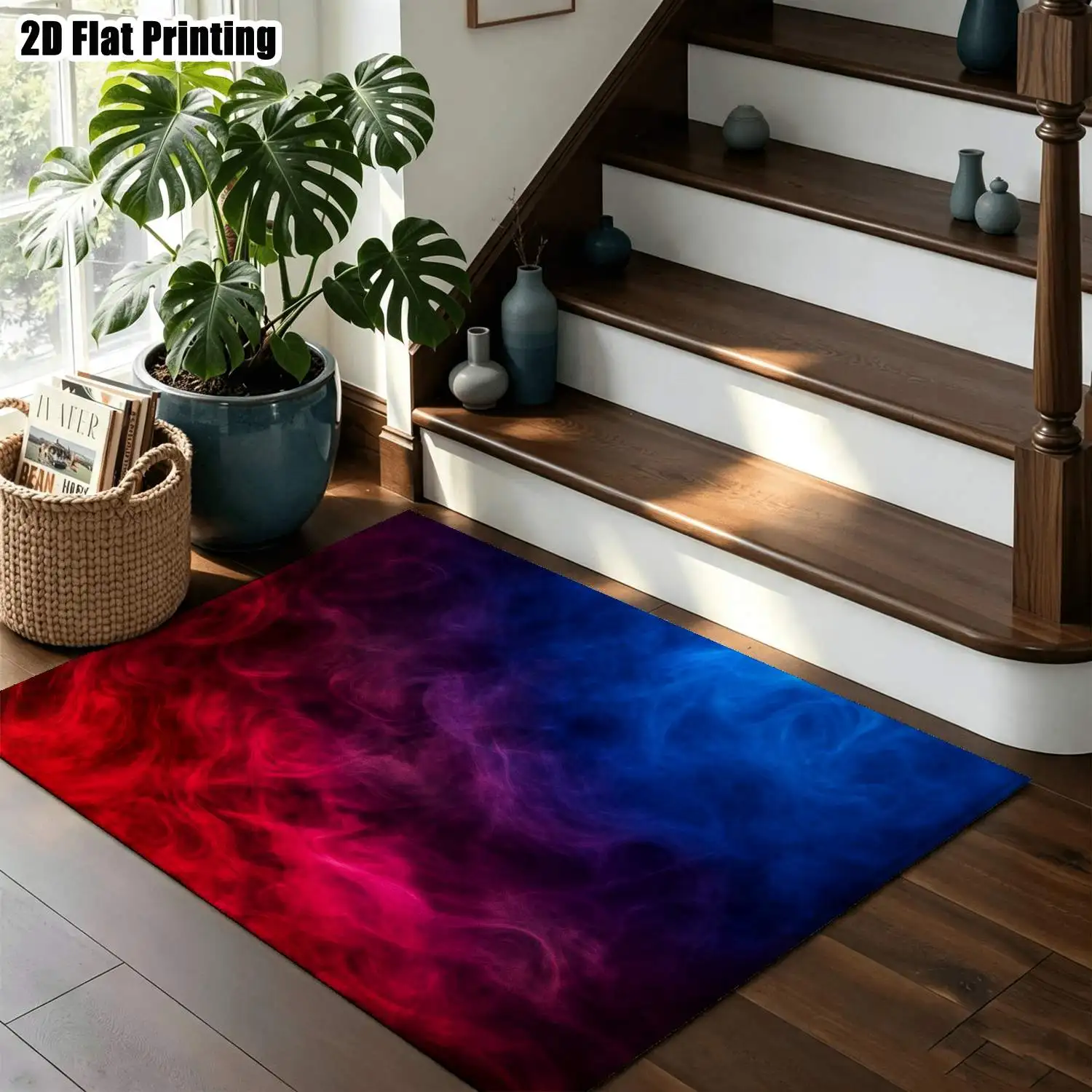 1Pc 2D Printed Abstract Art Nordic-Style Carpet, Red Purple Blue Geometric Stripe, Modern Minimalist, Machine Washable, Multi-Size, Ideal for Entryway, Dining Room, Bedroom, Living Room Decor