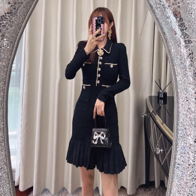 Brand Designer 2024 Autumn/Winter Black Button Knitted Dress Women Small Fragrant Style Long Sleeve Sweater Short Skirt Dresses