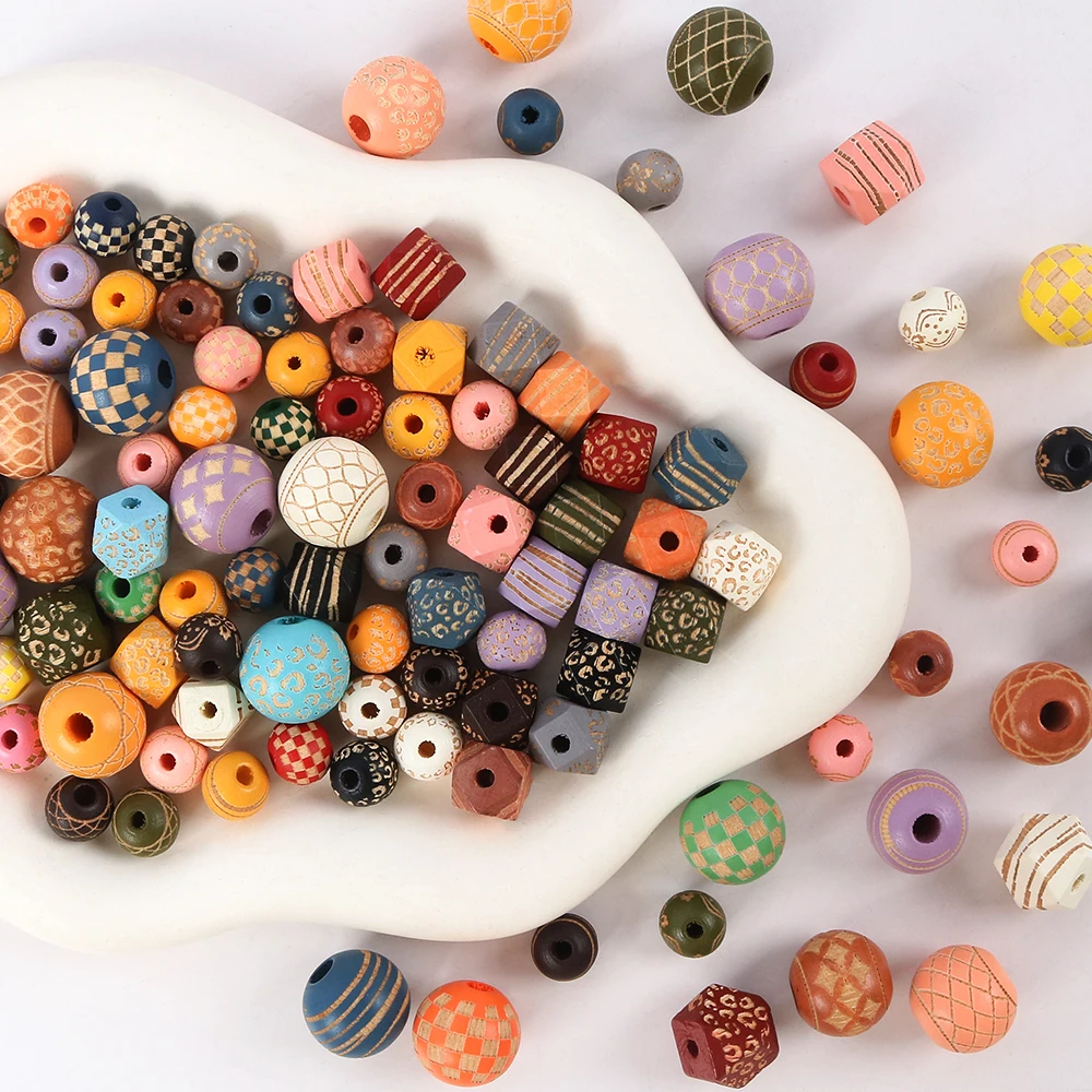 Natural Wood Beads 1pcs Loose Colored Wooden Beads Carved Decorative Pattern Round Balls Beads For Jewelry Making DIY Accessory