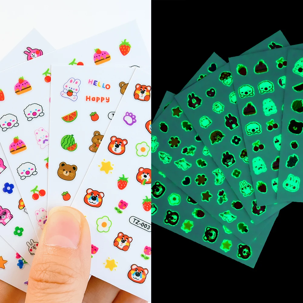 20Pcs Cartoon Luminous Kids Stickers Kawaii Self-Adhesive Nail Decals  Glow Bunny Eggs Chick Slider for Nails Decor DIY Manicure image 5
